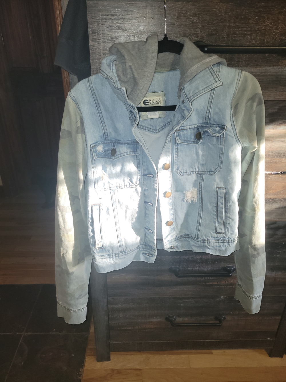 Billabong Light Blue Denim Jacket with Gray Hood and Green Camo Sleeves